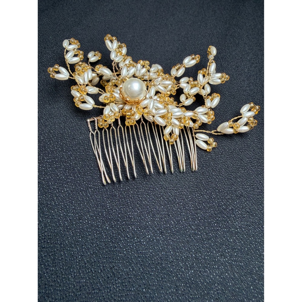 Vintage Pearl and Amber Bead Floral Metal Hair Comb Bridal Wedding Accessory